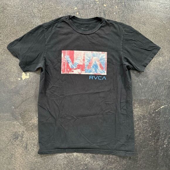 RVCA Faded Black Short Sleeve T-Shirt Size Small Regular Fit Tye Dye Graphic - Picture 1 of 13